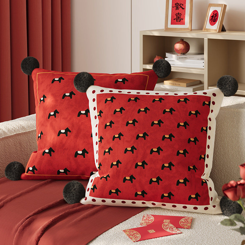 复古红色轻奢抱枕方形枕办公椅靠家用客厅沙发抱枕可拆卸抱枕套罩