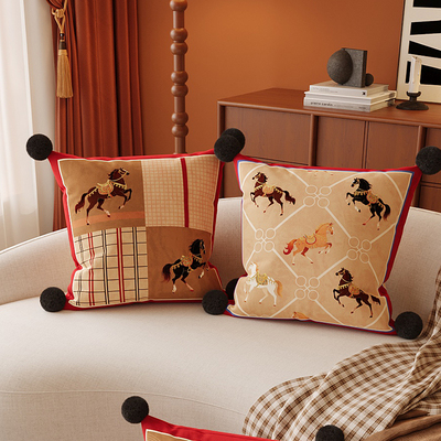 复古马年抱枕沙发客厅腰靠腰枕新年装饰床头靠背靠枕套含芯可拆洗