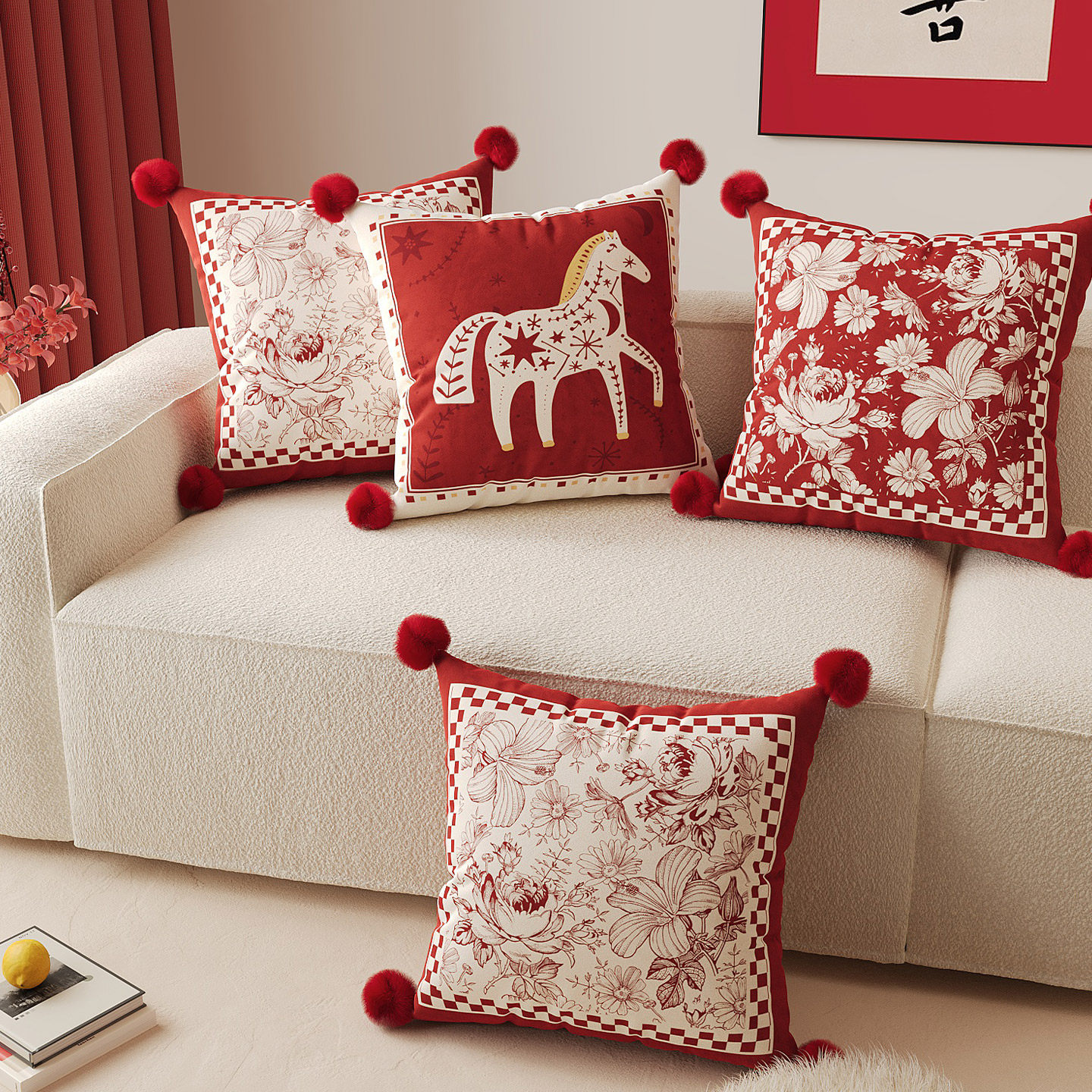 新中式新年抱枕马年装饰沙发客厅靠枕红色喜庆靠垫靠背含芯可拆洗,居家布艺,靠垫/抱枕,淘宝优惠券,粉丝福利购,淘宝优惠卷