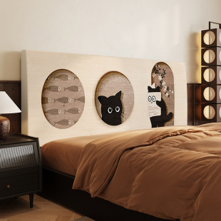 中古风猫咪床头套罩全包万能通用软包靠背布艺床头防尘耐磨保护套