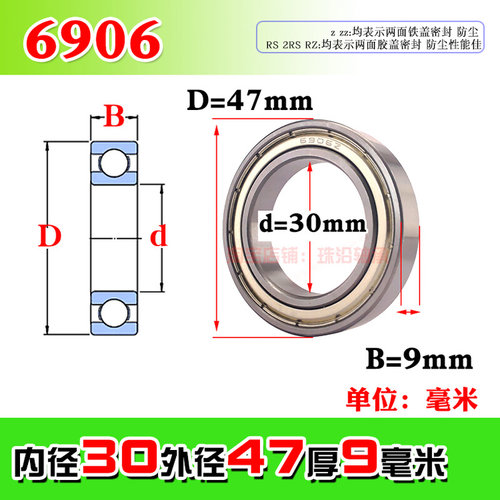 。优质深沟球薄壁轴承6906Z ZZ RS 61906内径30mm外径47mm厚度9毫