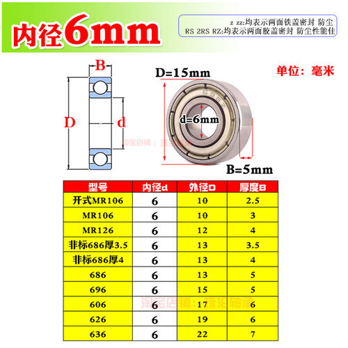 。深沟球微型小轴承MR106 MR126 686 696 606 626 636ZZ RS 内径6