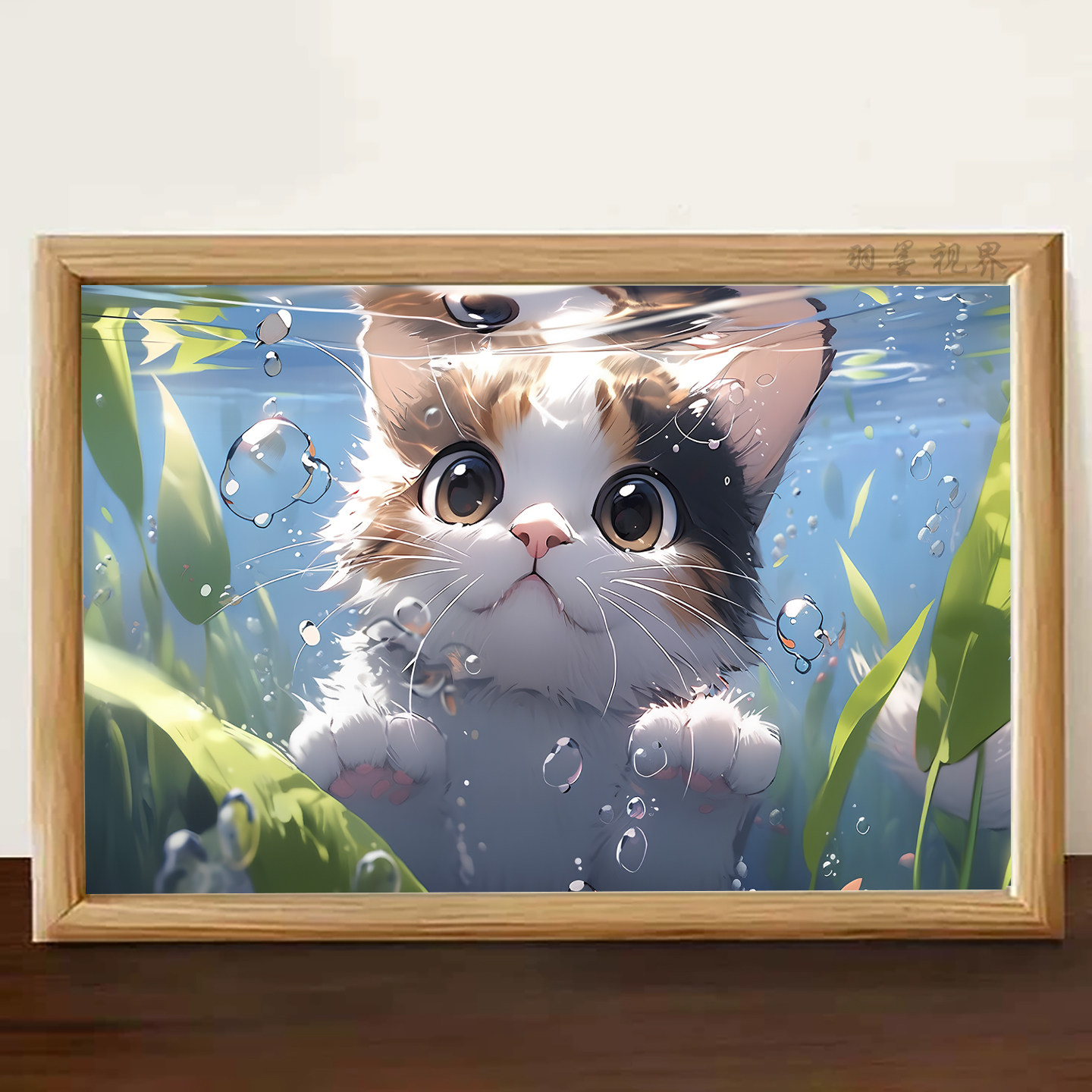 日系软萌水下小猫咪插画木质相框桌面少女心温馨装饰画摆件