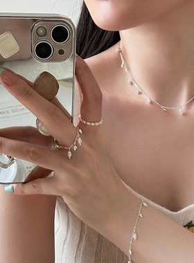 闺蜜天然珍珠链条戒指项链手链首饰套装S925银小众设计高级感9-21
