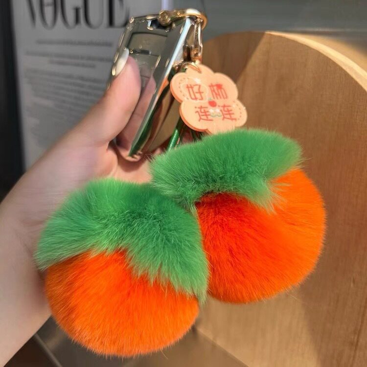 好事连连獭兔毛小柿子宝宝挂饰好柿发生毛绒球汽车钥匙扣真毛挂件