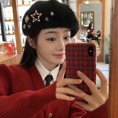 千禧甜妹精致手工仿兔毛水钻毛绒贝雷帽女冬时尚画家帽反戴前进帽