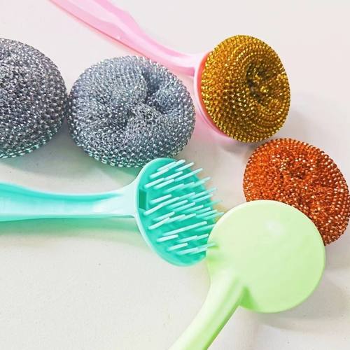 彩柄锅刷家用钢丝球清洁手柄厨房可拆洗去污长柄