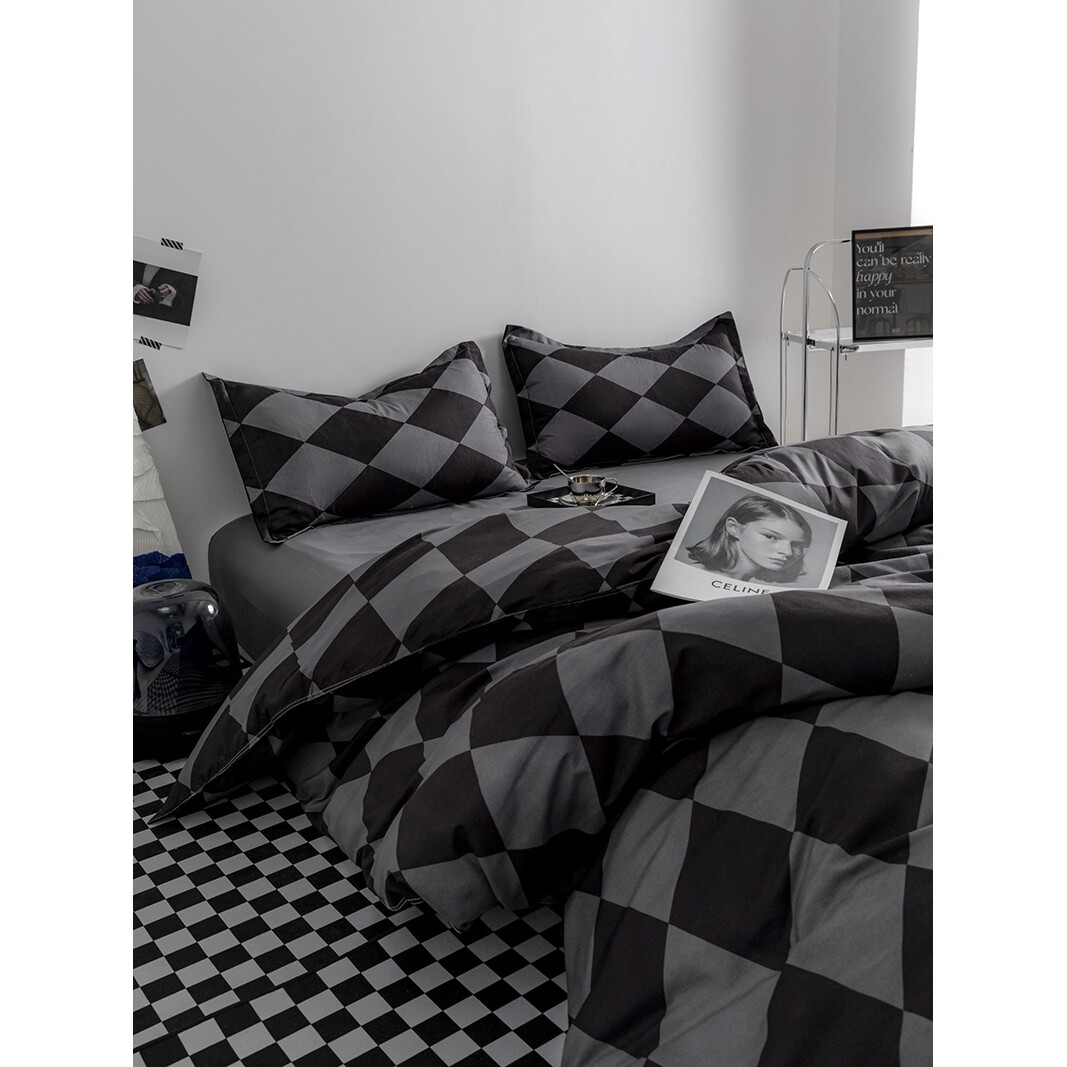 北欧简约风灰色菱格ins床上四件套格子床单被套学生宿舍三件烛优