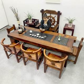 老桌船木茶椅组合实木茶桌具46158套装一体泡茶桌茶几木中式茶老