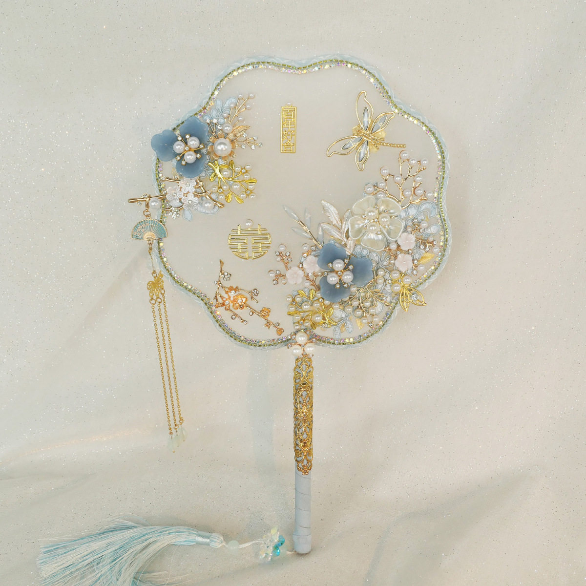 (情有独钟)新娘团扇手工DIY材料包高档成品喜扇出嫁中式秀禾扇