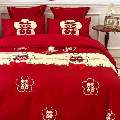 简约婚庆四件套大红色红花喜被罩床单笠新结婚房嫁礼床上用品中式