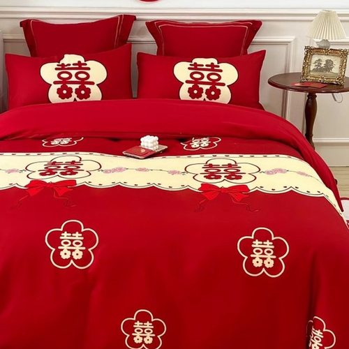 简约婚庆四件套大红色红花喜被罩床单笠新结婚房嫁礼床上用品中式