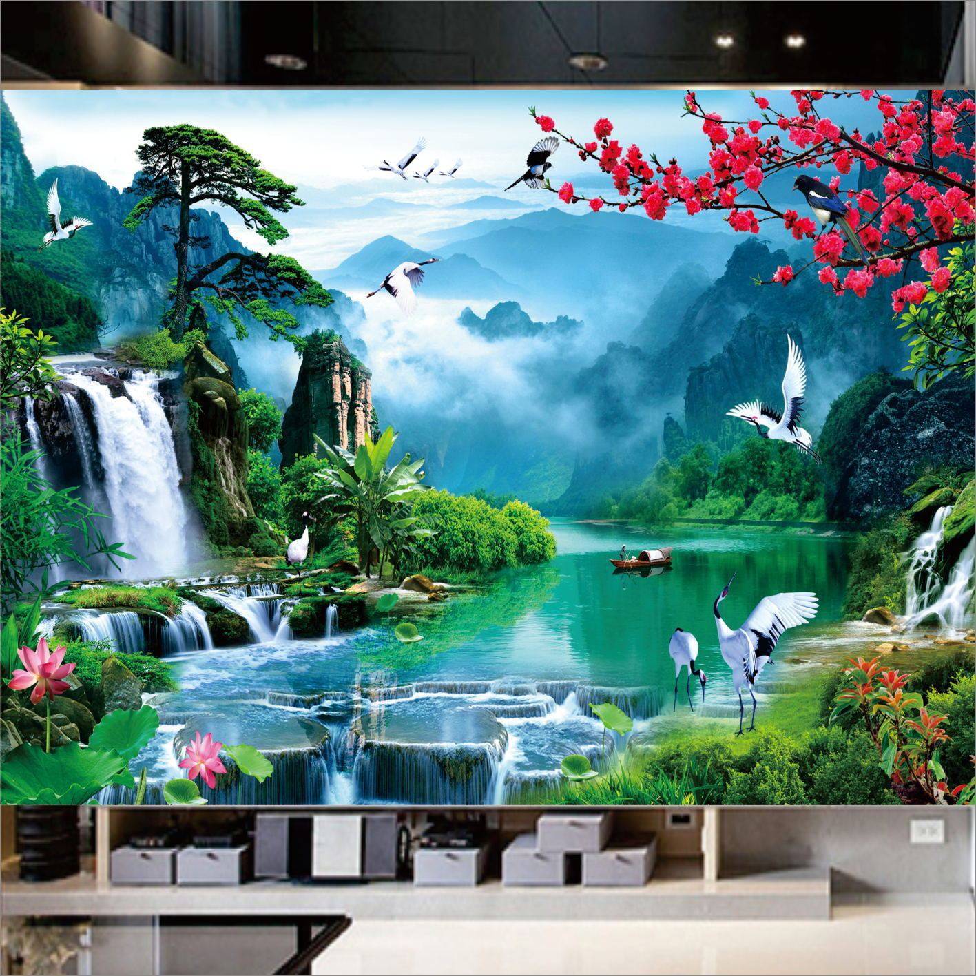 防水迎客松自然风景画客厅沙发背景墙贴自贴装饰,家装主材,定制壁画,淘宝优惠券,粉丝福利购,淘宝优惠卷