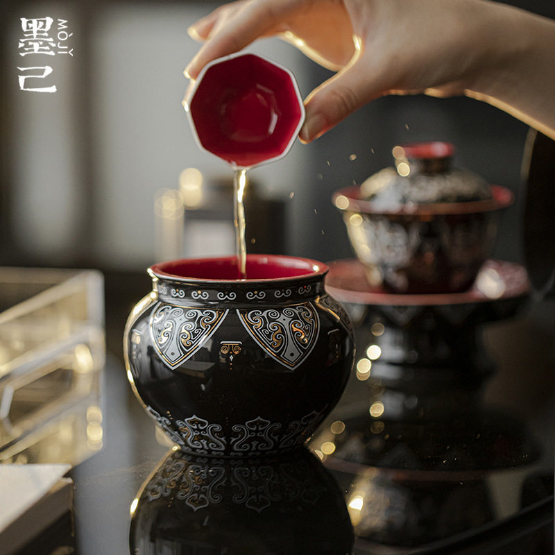 墨己仿古建水功夫茶具陶瓷蓄水缸茶道配件干泡水盂金银错仿漆器缸