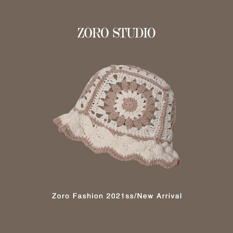 纯手工设计款双拼色镂空盆帽女日系针织钩针水桶帽韩版毛线渔夫帽