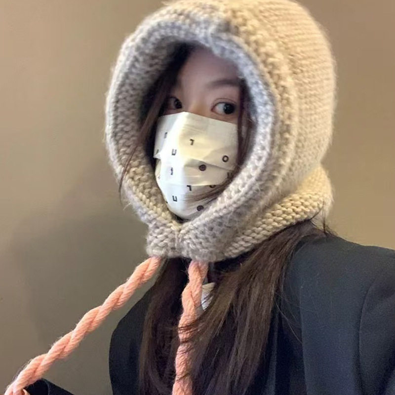 粗线针织巴拉克拉法帽女系带护耳韩系针织帽纯色冬季保暖套头帽男