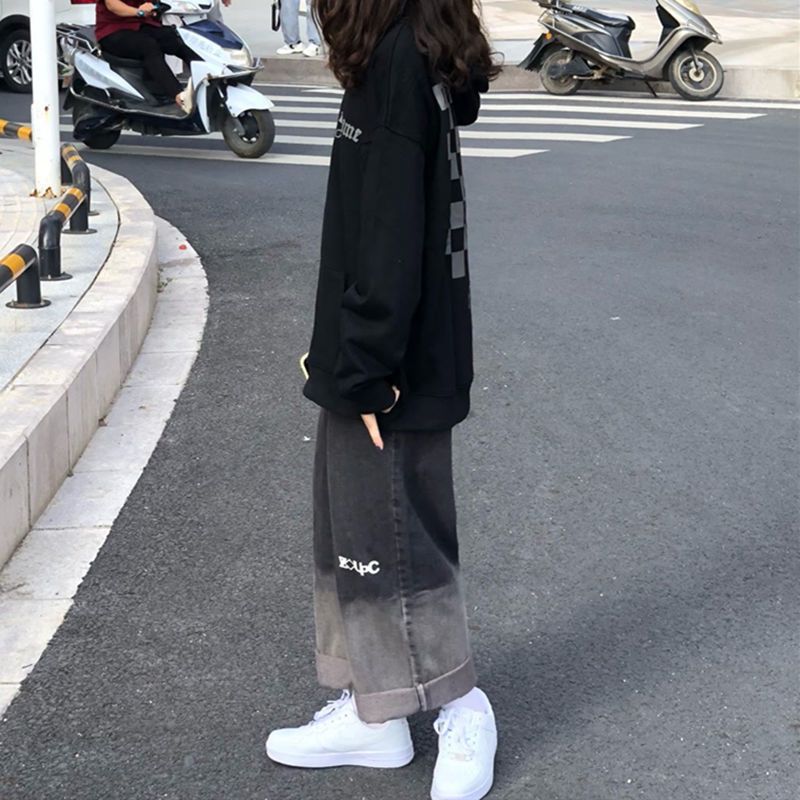 渐变色直筒牛仔裤女ins韩版宽松学生高腰复古休闲黑色阔腿老昌震