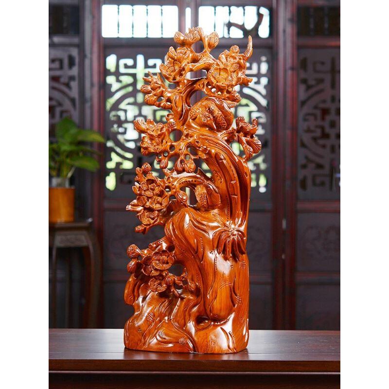 寻古黄花梨实木雕喜上眉梢摆件红木雕刻工艺品客厅装饰品摆设礼品