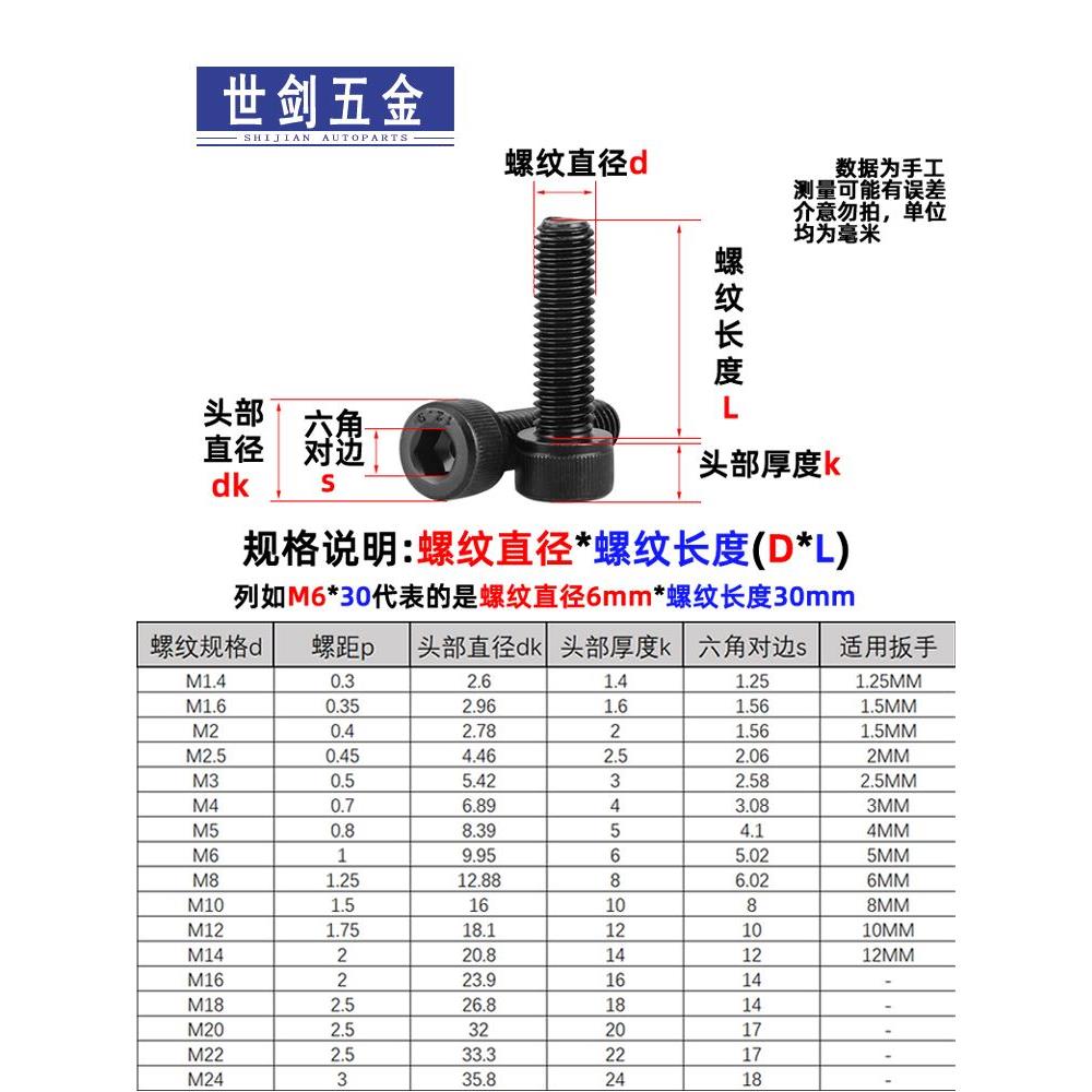 12.9级发黑高强度内六角螺丝GB70.1圆柱头螺栓M2M3M4M5M6M8-M24厘