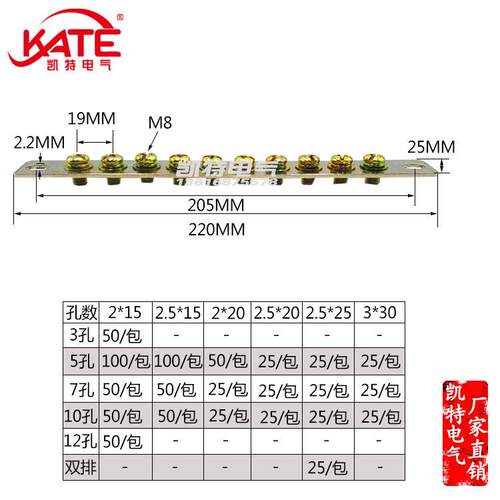 10孔零排2.5*25 总长220 黄铜零地排 接线排 配电箱汇流铜排KT053