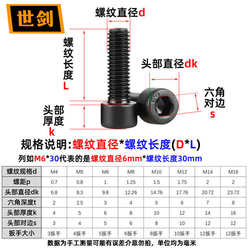 。8.8级内六角螺丝M3M4M5M6厘M8M10M12*70发黑圆柱头内6角螺栓包