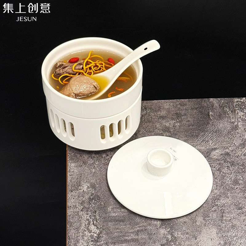 时尚纯白灯笼条纹竖孔直身陶瓷牧景加热煲例汤特色餐具包邮