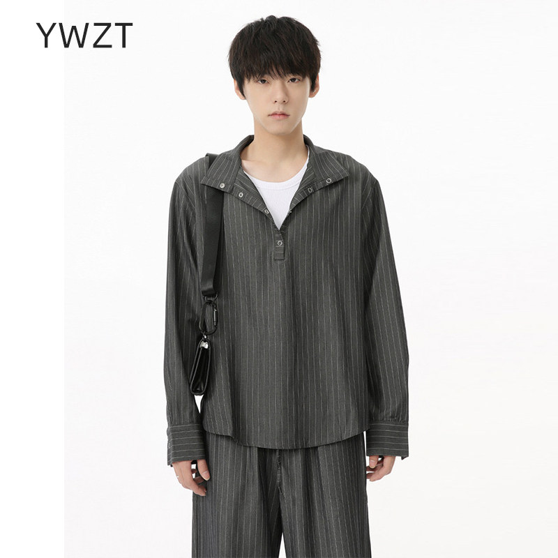 YWZT中性休闲风条纹立领长袖衬衫男套装秋季灰色青年潮