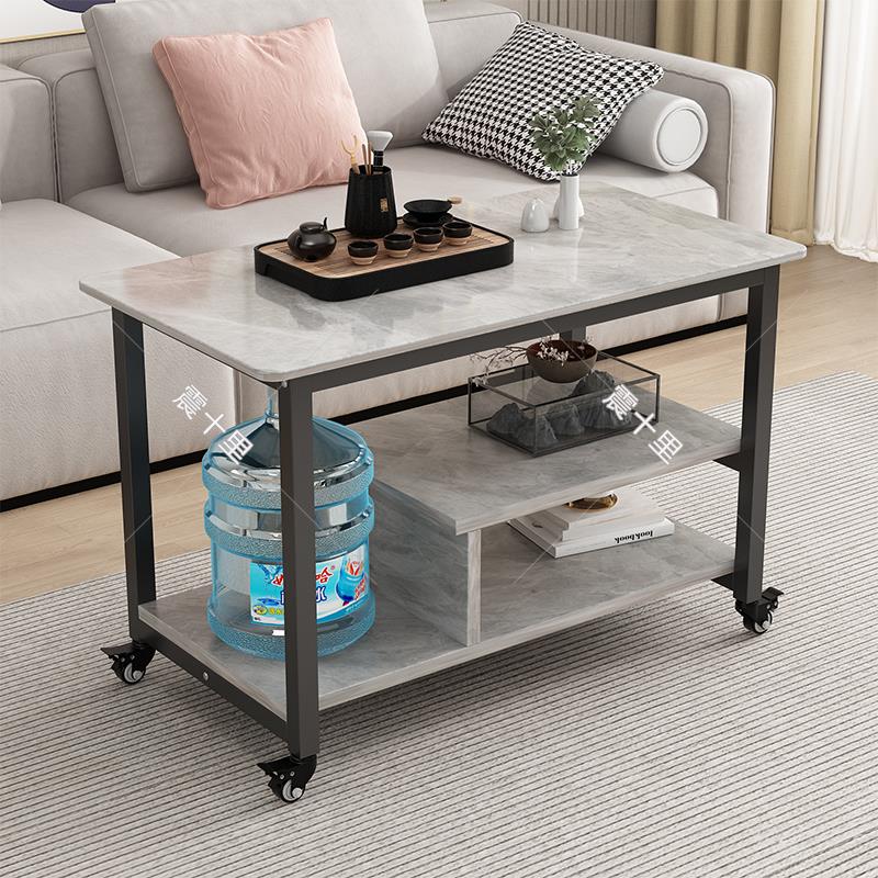 岩板移动茶水柜 简约实木茶几 边几搭配钢架设计 可移动茶桌推车