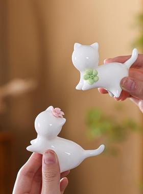 陶瓷捏小猫咪白瓷粉色花可爱少女心茶桌书桌手工摆件小清新装饰品
