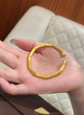 古法沙金点钻拉丝竹节手镯女黄金色新中式富贵请安实心镯子送女友