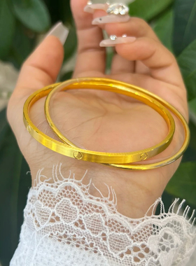 古法沙金双圈手环黄金色双环传承圆点光面素圈手镯环环相扣镯子女