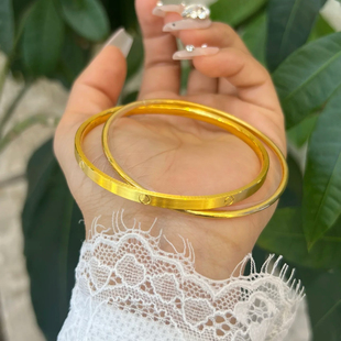 古法沙金双圈手环黄金色双环传承圆点光面素圈手镯环环相扣镯子女