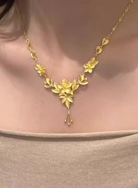 幸福之花项链三生花吊坠黄金色繁花似锦仿真足金不掉色锁骨链女