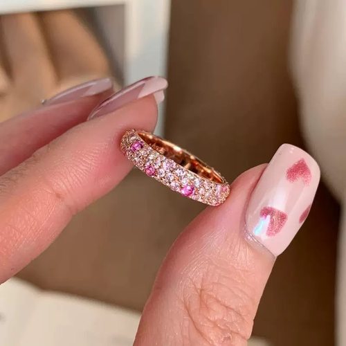 粉满钻圆珠戒指轻奢高级感指环镶钻渐变蜜桃粉排钻指环金店同款女