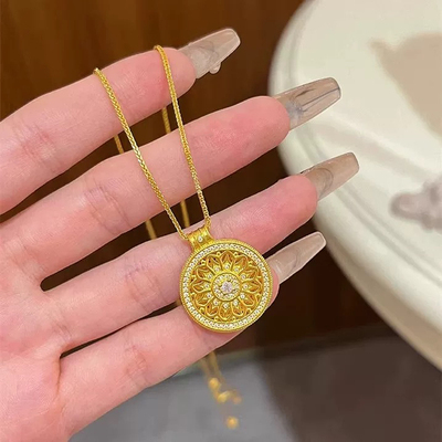 金店同款花丝点钻玫瑰花窗沙金项链仿真黄金圆盘吊坠肖邦链毛衣链
