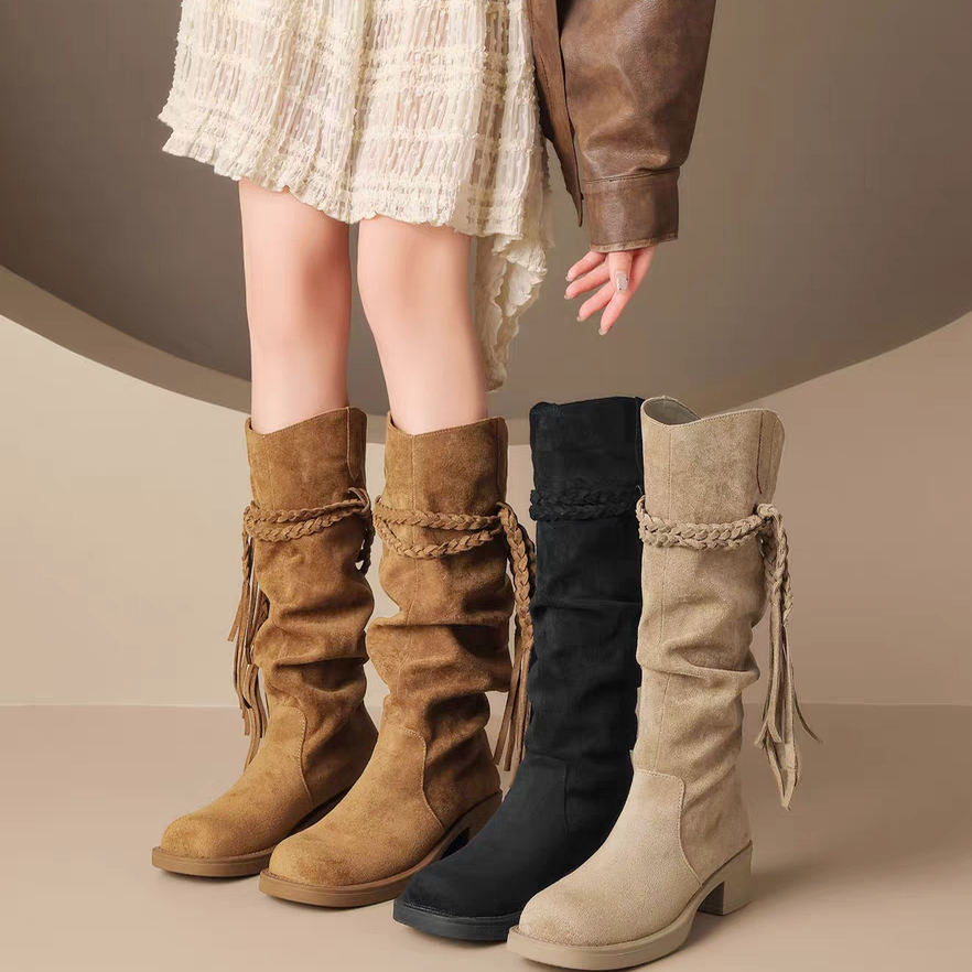 【维也娜老赵专享】XY3056-1秋季高定爆款磨砂真皮粗跟流苏超酷中