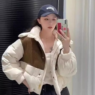 秋冬拼接黑色立领学院风加厚插肩袖羽绒服