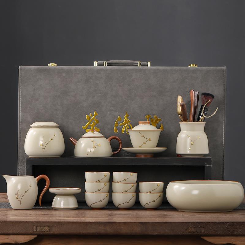 汝窑开片锔钉茶具套装2023新款功夫茶壶盖碗茶杯办公送礼高档整套
