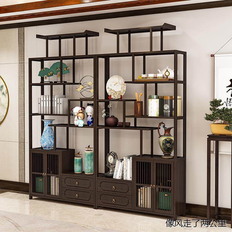 博古架实木新中式茶柜茶室置物架子茶叶展示柜茶桌背景柜客厅隔断