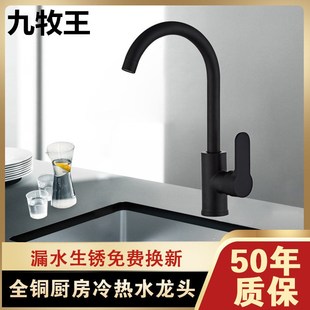 黑色全铜厨房家用冷热水龙头开关B不锈钢水槽台盆可旋转双控水龙