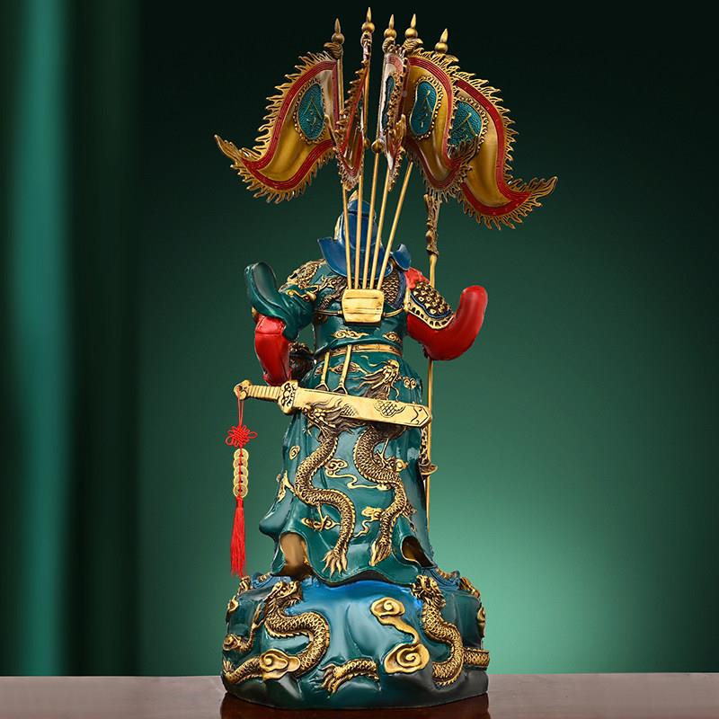 纯九龙关公彩绘铜摆武财件神绿袍铜红脸神像黄家居EUU客厅装饰工
