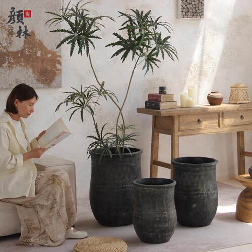 古做旧复色水泥花盆侘寂UPT风民黑气宿落地花器大口径透装饰绿植