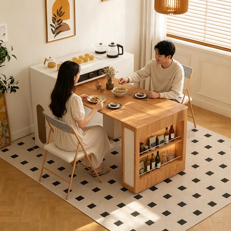 原木风岛台餐一体可水伸缩折叠/栐家用实木餐桌边柜吧茶柜小户型