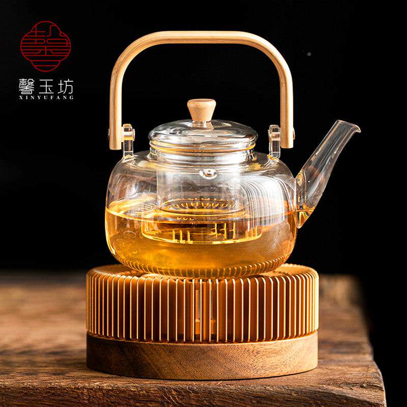 轻奢花茶壶温泡茶炉套装耐热璃提梁壶盘烛加热底座茶杯托 玻23-94
