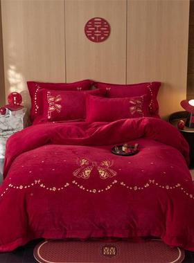 端CEY绣床花牛奶绒床上四件套冬季加厚高珊瑚绒被套单红色喜结婚