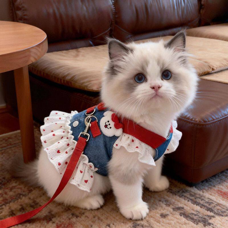 猫咪衣服可牵引牛仔飞袖裙子轻薄透气宠物胸背带外出遛猫牵引绳