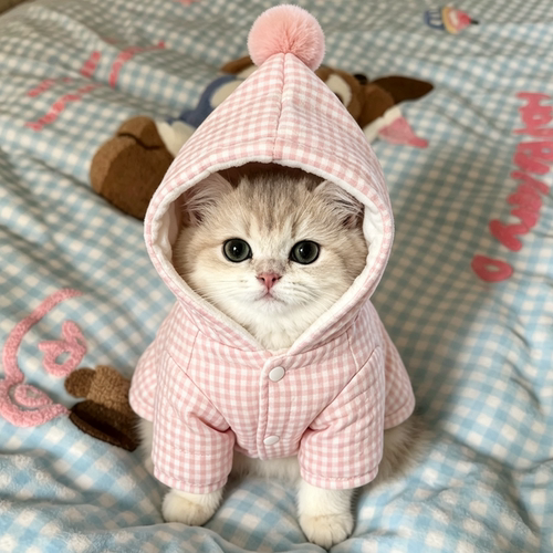 猫咪衣服连帽格子睡衣秋冬款保暖防掉毛比熊泰迪西高地小型犬睡衣