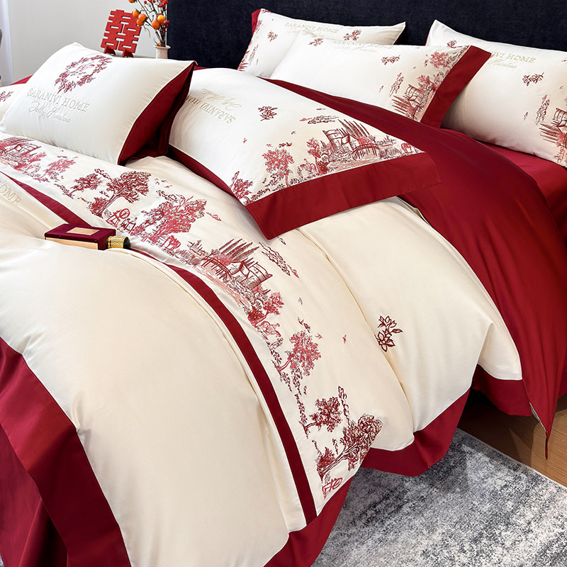 高档大红婚庆长绒棉四件套全棉纯棉刺绣被套床单结婚礼盒床上用品
