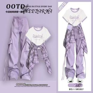 初中学生设计感套装少女减龄短袖T恤宽松工装裤夏季衬衫三件套ins