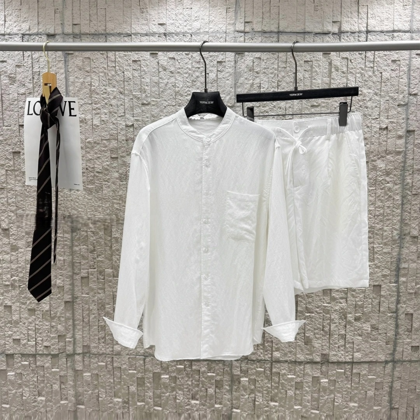轻奢老钱风男士长袖衬衫短裤两件套夏季新款时尚简约松弛感套装